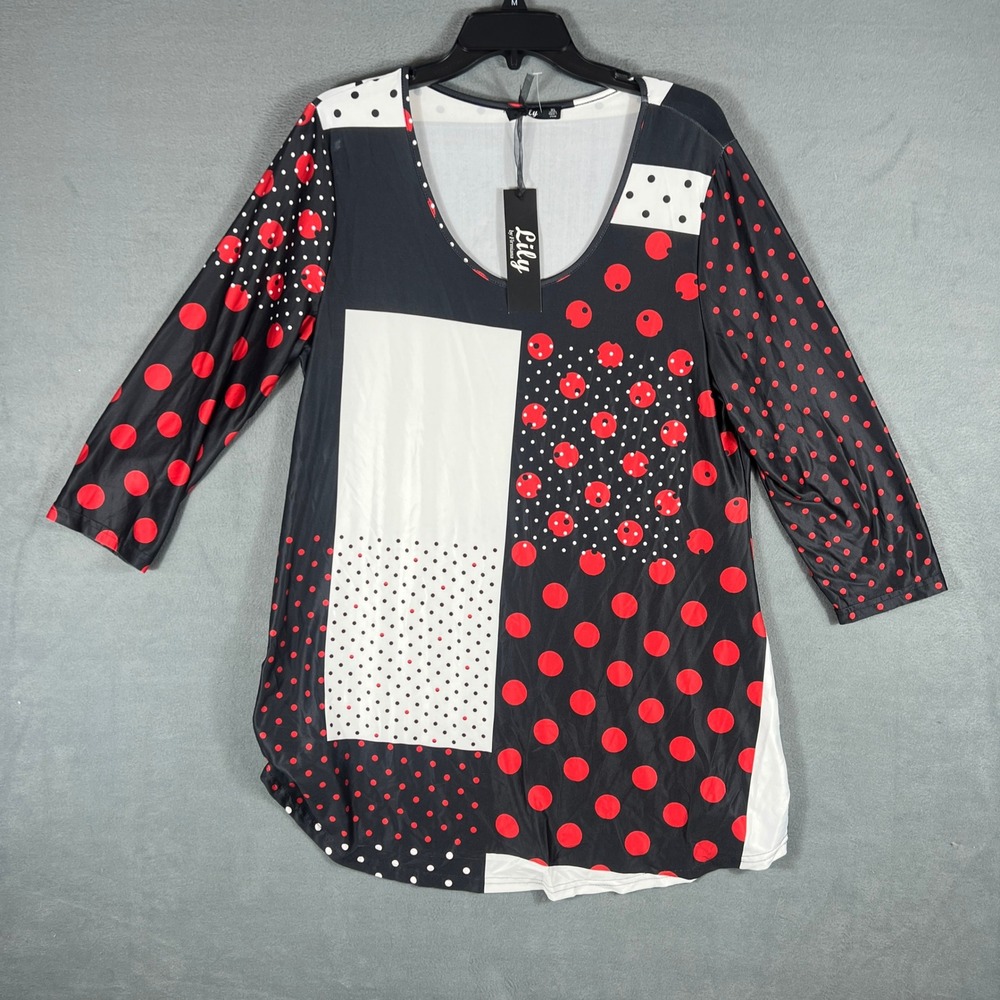 Lily by Firmiana Womens Tunic XL Black Red Polka Dot Colorblock 3/4 Sleeve NWT